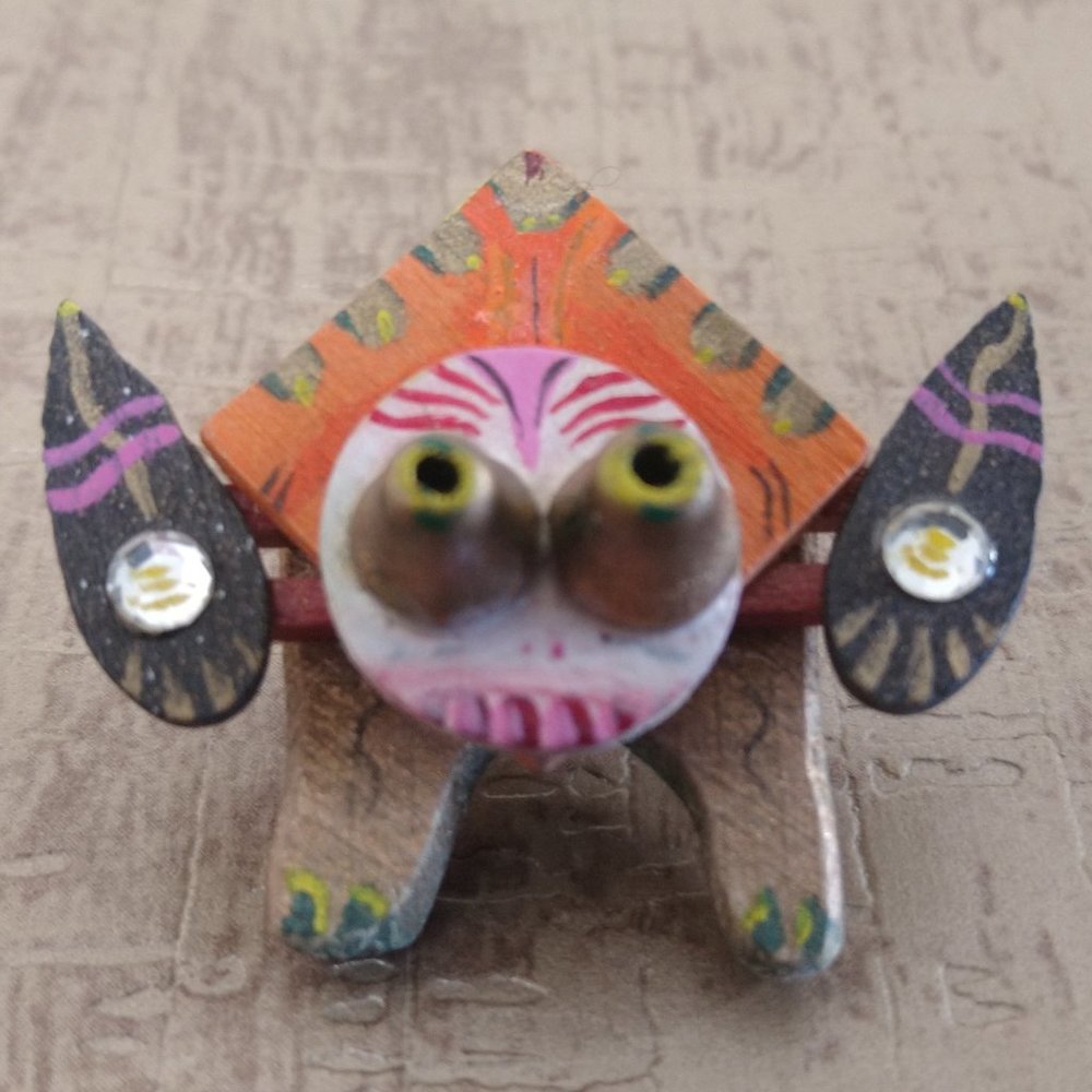 Vintage pin handmade tribal rustic ethnic mask 1990s